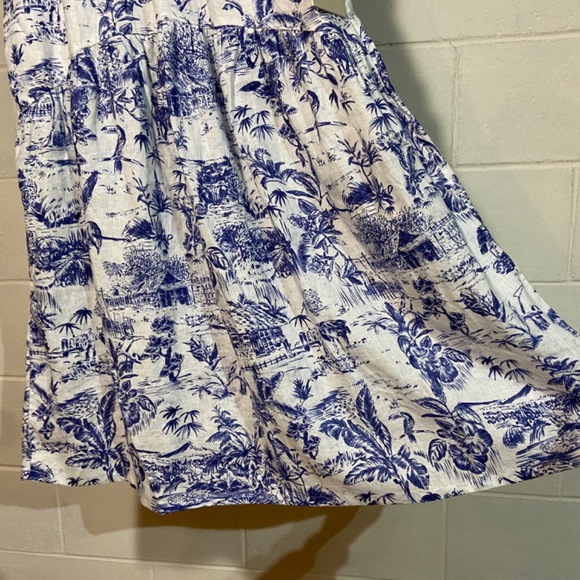 Joie Women Midi Skirt Blue White Floral 100% Linen Elastic Back Pull on Tropical - Picture 3 of 6